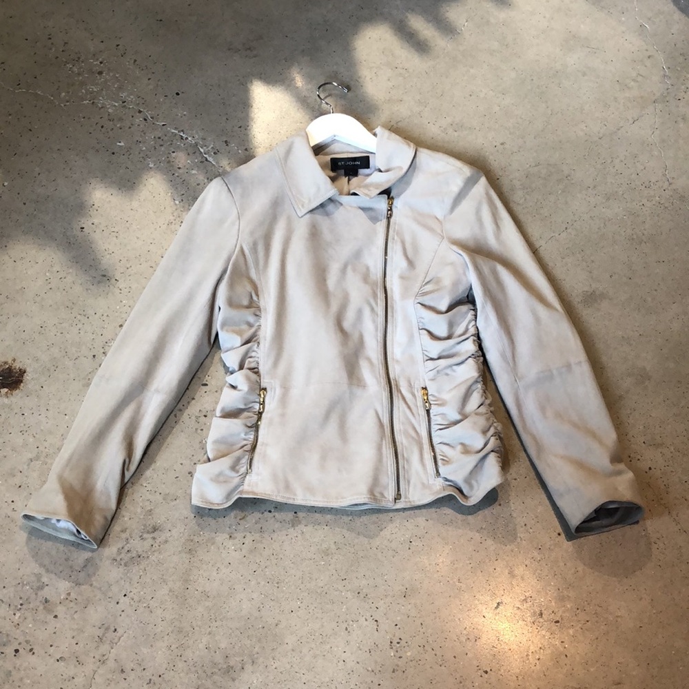 St. John Beige Suede Ruched Moto Jacket